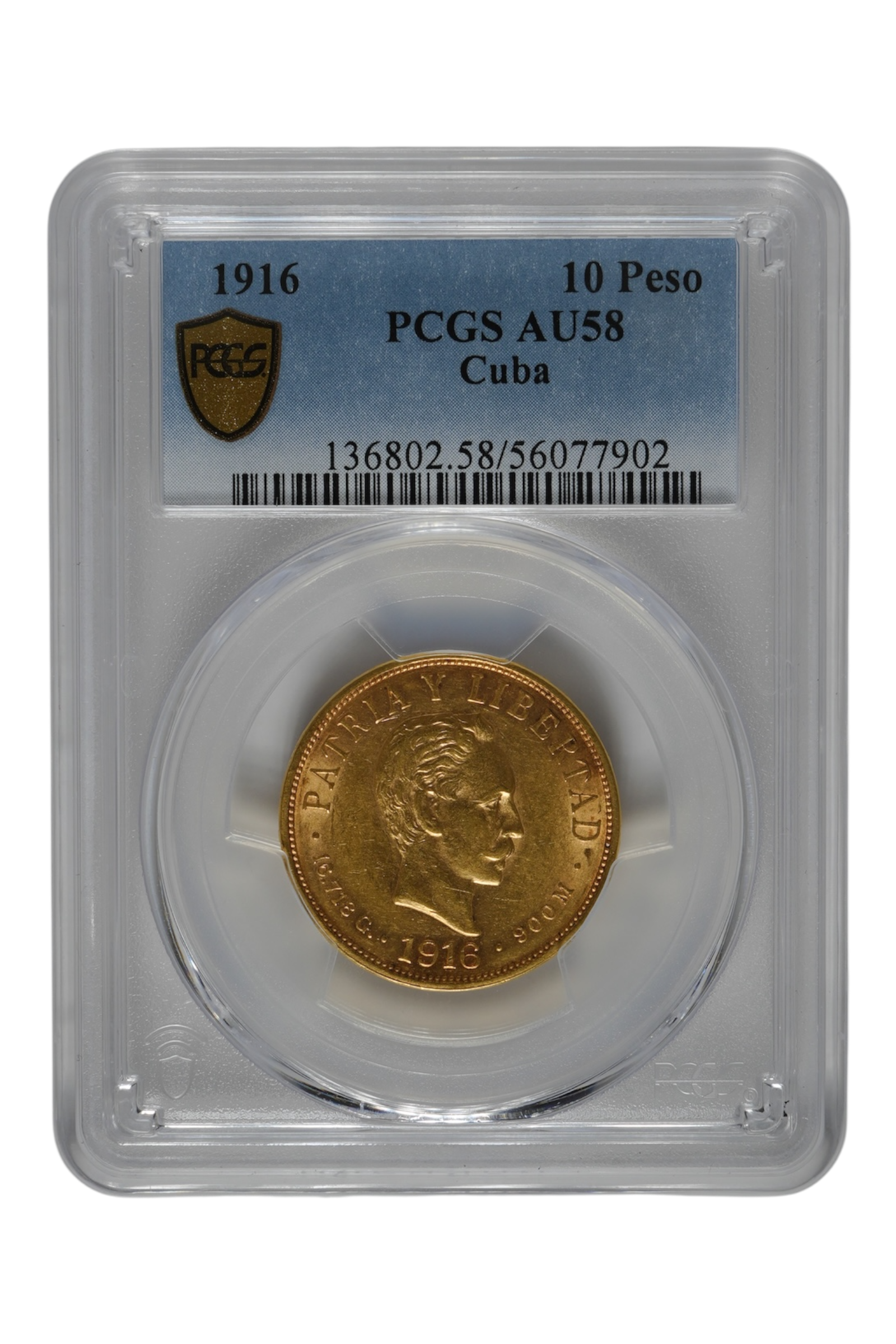 1916 0.4842 oz Gold Cuba 10 Pesos PCGS AU-58