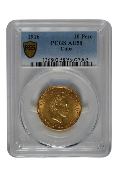 1916 0.4842 oz Gold Cuba 10 Pesos PCGS AU-58