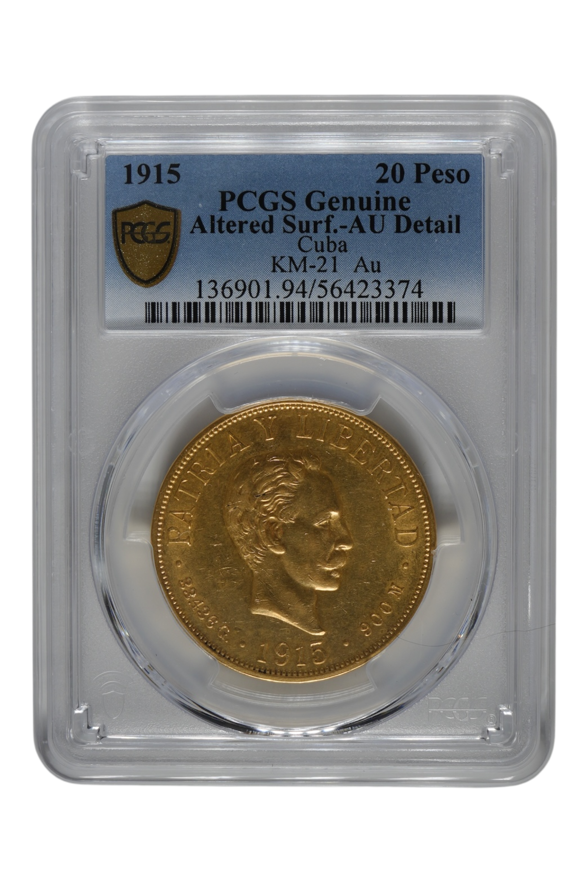 1915 Gold Cuba 20 Pesos PCGS AU Detail