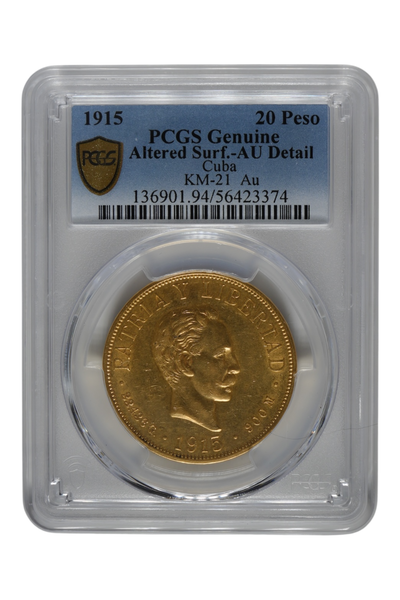 1915 Gold Cuba 20 Pesos PCGS AU Detail