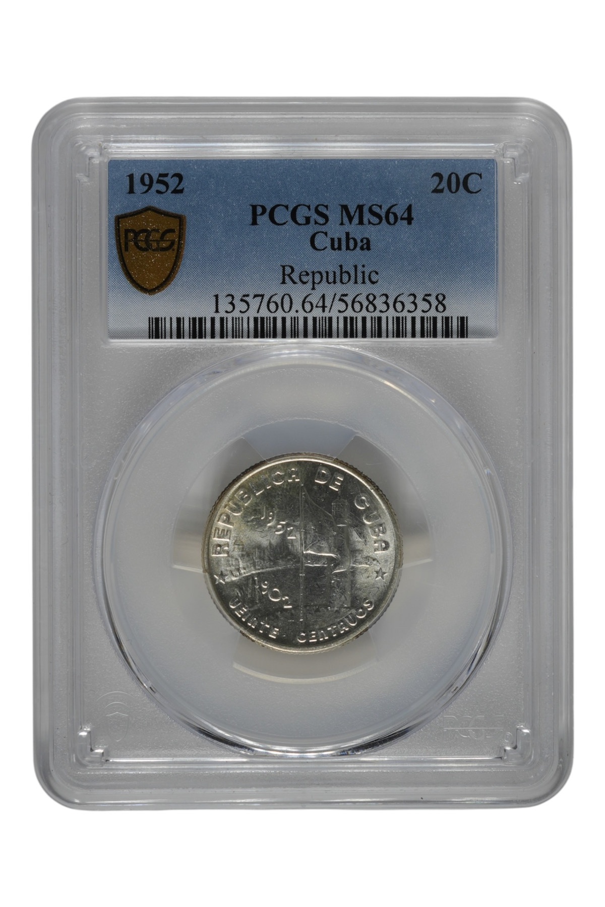 1952 0.1449 oz Silver Cuba 20 Centavos PCGS MS-64