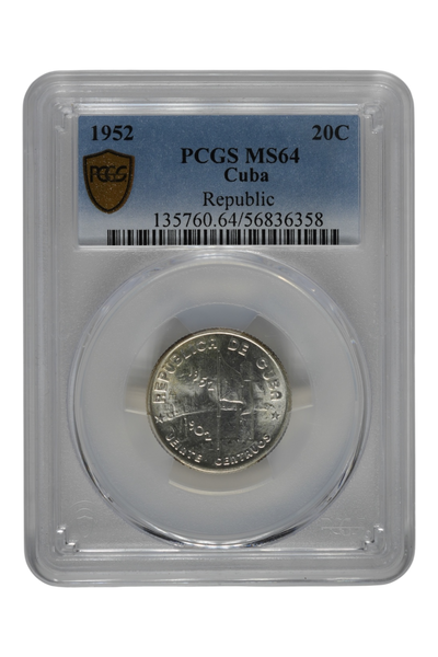 1952 0.1449 oz Silver Cuba 20 Centavos PCGS MS-64