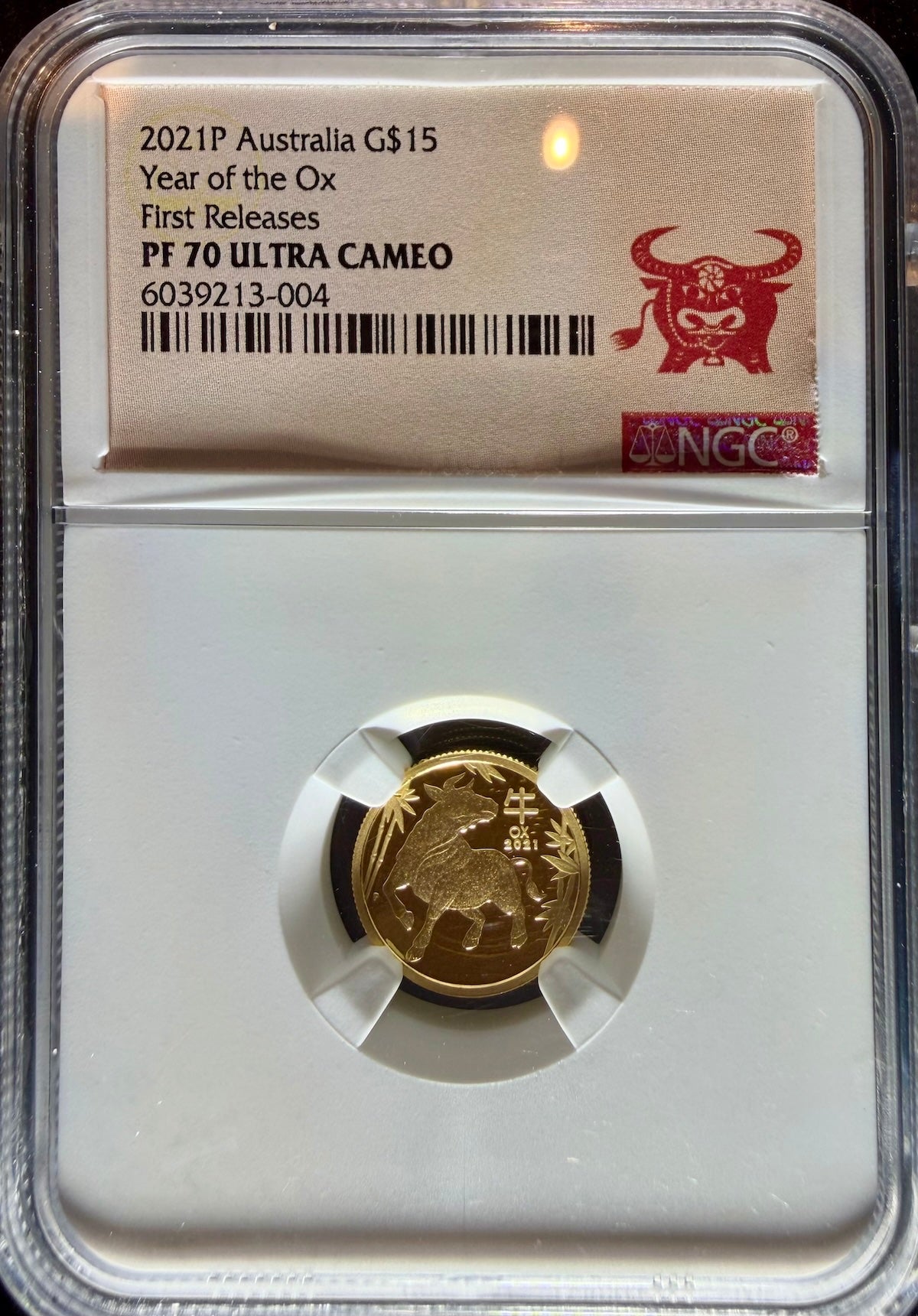2021-P 1/10 oz Gold Australia Lunar Ox NGC PF 70 UCAM