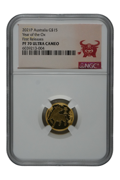 2021-P 1/10 oz Gold Australia Lunar Ox NGC PF 70 UCAM