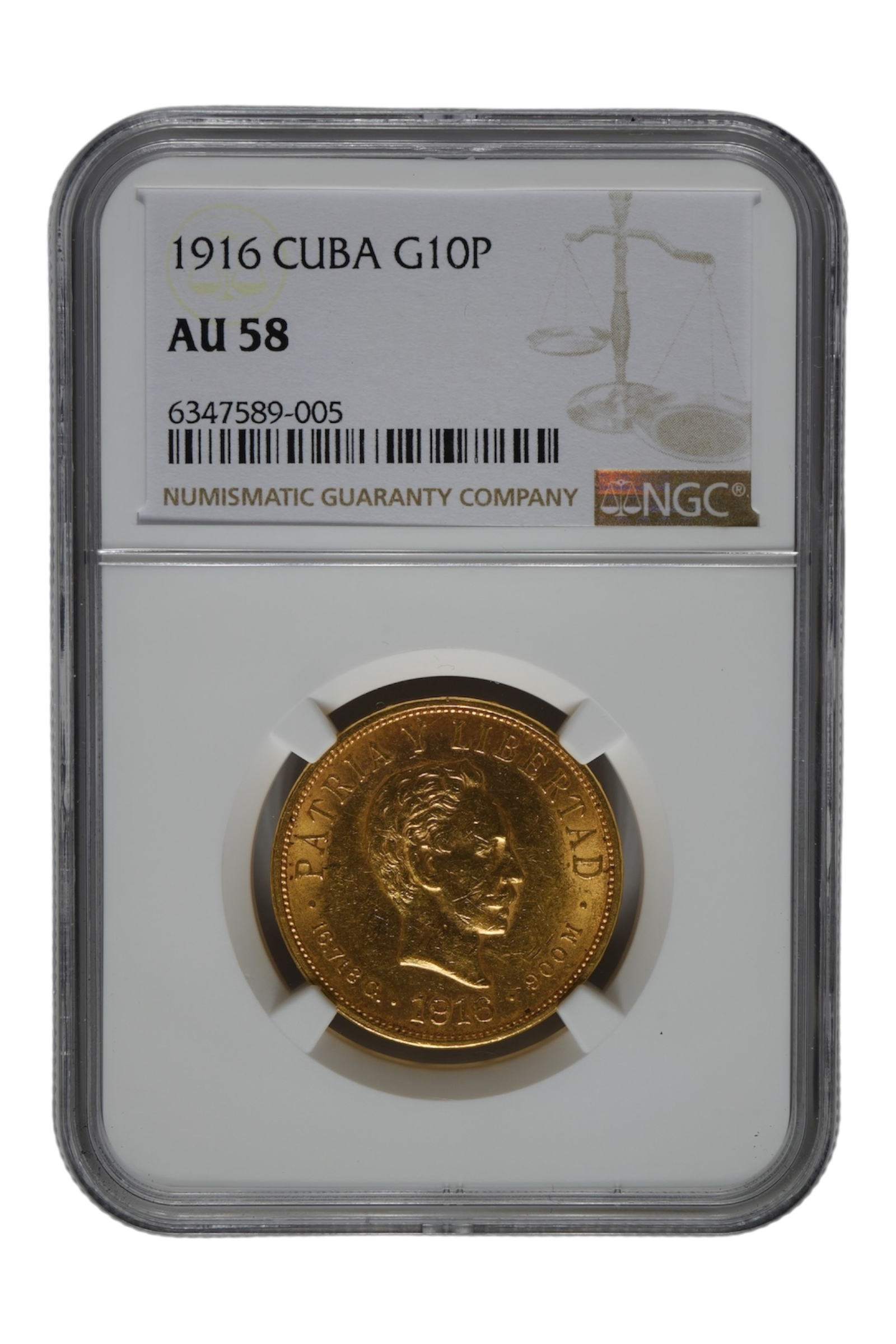 1916 0.4842 oz Gold Cuba 10 Pesos NGC AU-58