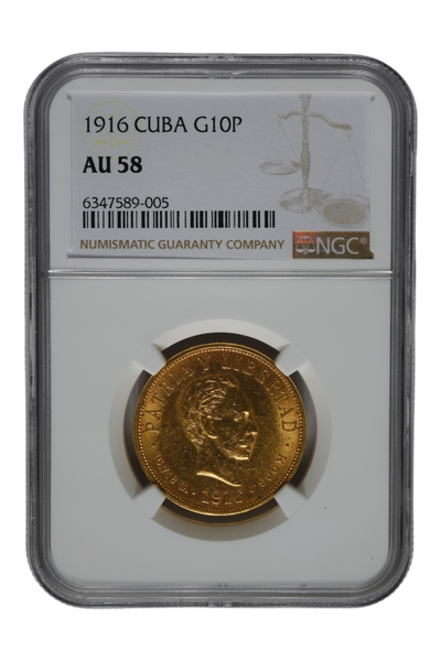 1916 0.4842 oz Gold Cuba 10 Pesos NGC AU-58