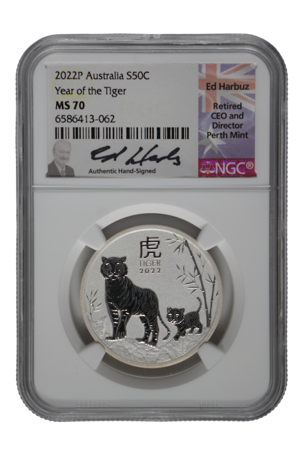 2022-P 1/2 oz Silver Australia Lunar Tiger NGC MS 70 (Ed Harbuz Signed)