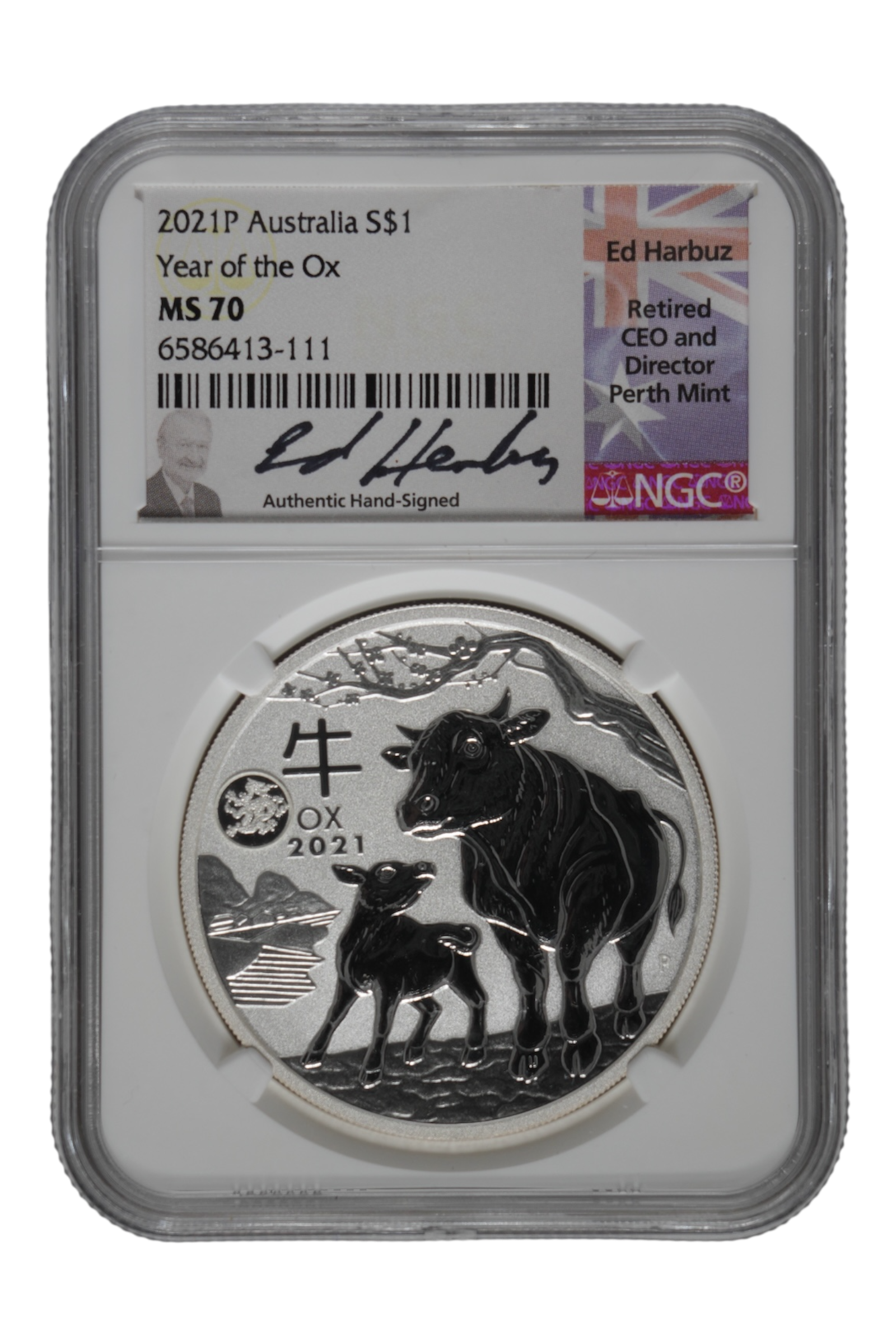 2021-P 1 oz Silver Australia Lunar Ox NGC MS 70 (Ed Harbuz Signed)