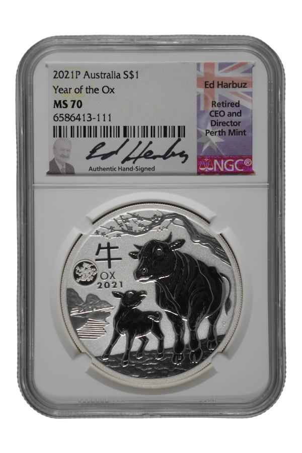 2021-P 1 oz Silver Australia Lunar Ox NGC MS 70 (Ed Harbuz Signed)