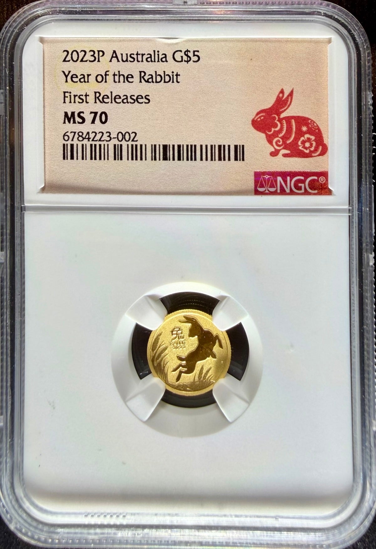 2023 1/20 oz Gold Australia Lunar Rabbit NGC MS 70