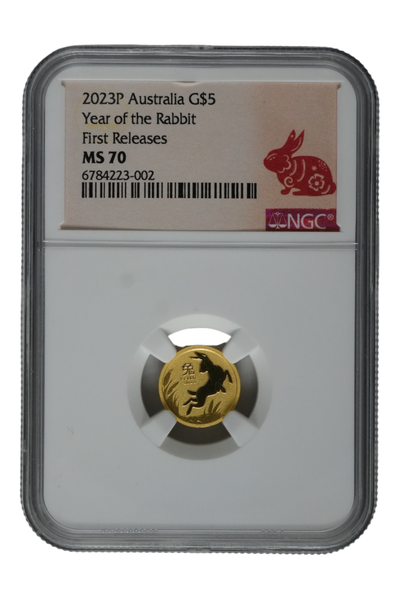 2023 1/20 oz Gold Australia Lunar Rabbit NGC MS 70