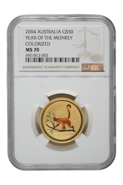 2004 1/2 oz Gold Australia Lunar Monkey NGC MS 70 Colorized