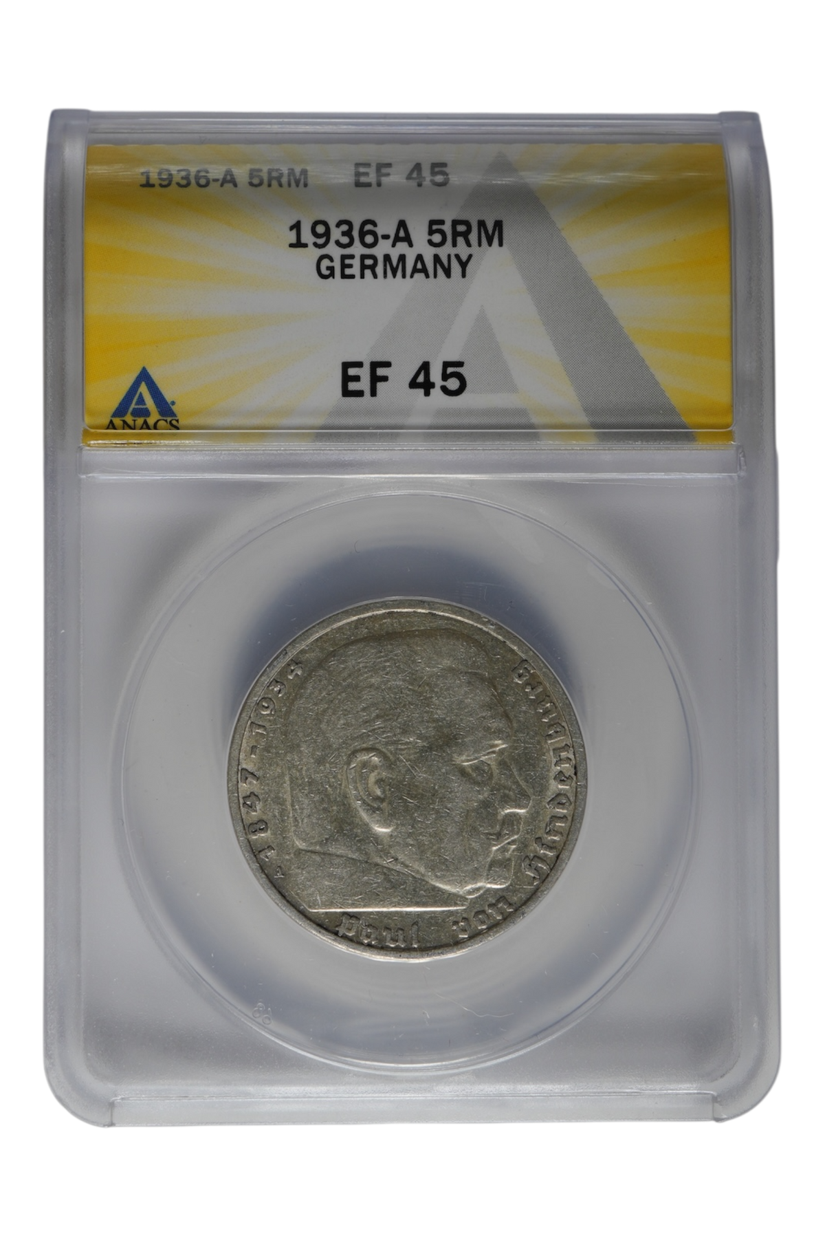 1936 Germany Silver 5 Reichsmark ANACS EF 45