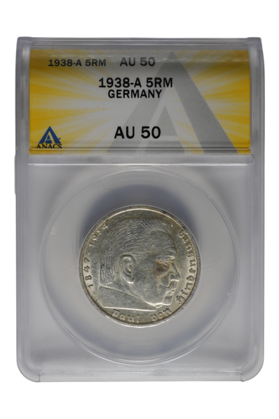 1938 Germany Silver 5 Reichsmark ANACS AU 50
