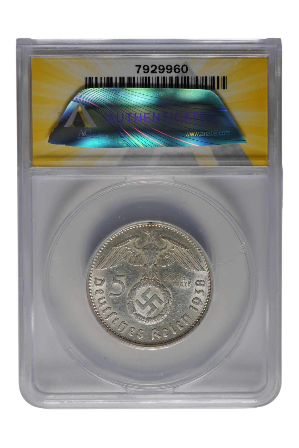 1938 Germany Silver 5 Reichsmark ANACS AU 50