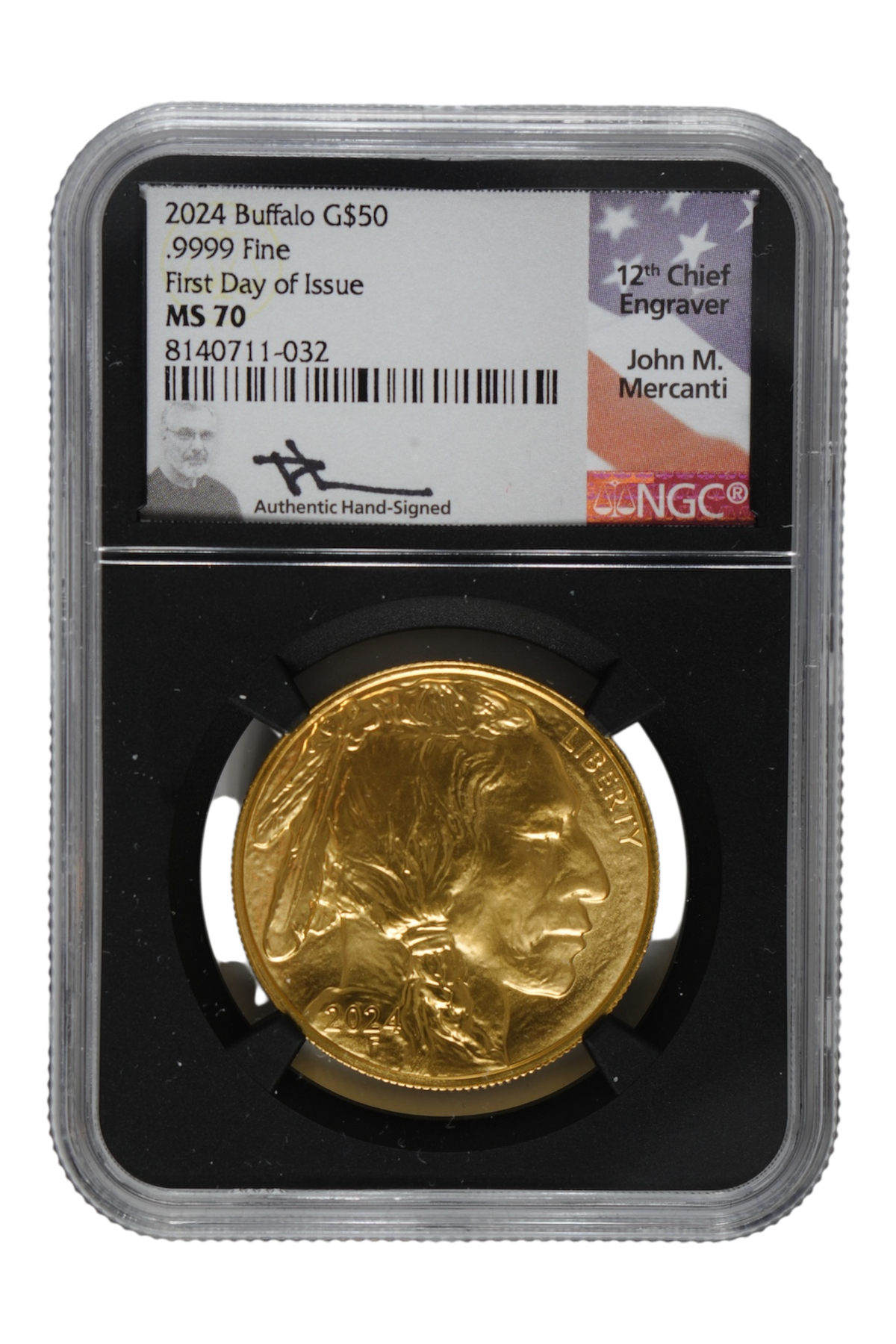 2024 $50 One-Ounce Gold American Buffalo First Day of Issue NGC MS-70 (Mercanti Signed Label) (Black Retro Holder)