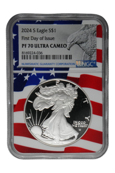 2024-S 1 oz American Silver Eagle NGC PF 70 UCAM FDI Flag Picture Frame