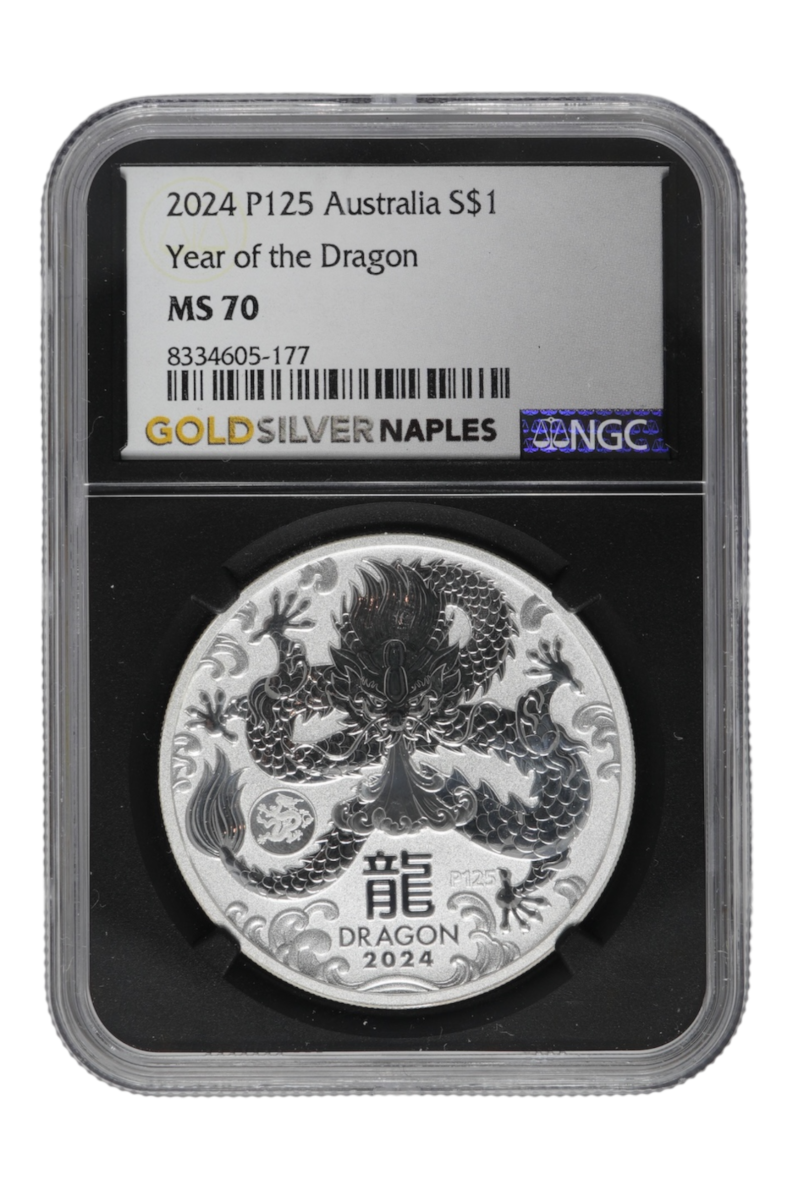 2024-P125 1 oz Silver Australia Lunar Dragon NGC MS-70 (Black Retro Holder)