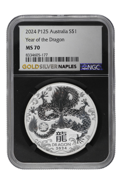 2024-P125 1 oz Silver Australia Lunar Dragon NGC MS-70 (Black Retro Holder)