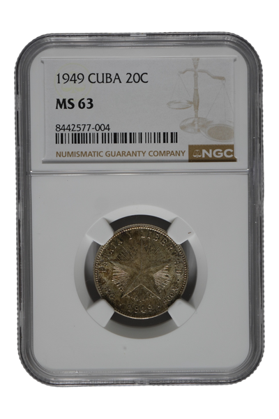 1949 0.1449 oz Silver Cuba 20 Centavos NGC MS-63