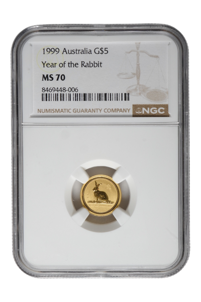 1999 1/20 oz Gold Australia Lunar Rabbit NGC MS 70