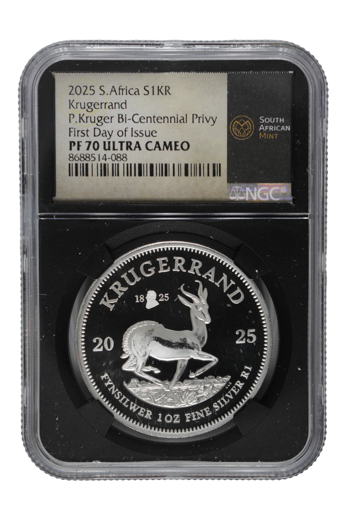 South Africa 2025 Silver Krugerrand Paul Kruger Bicentennial Privy KM-691 First Day of Issue NGC PF-70 UC (Black Retro Holder)