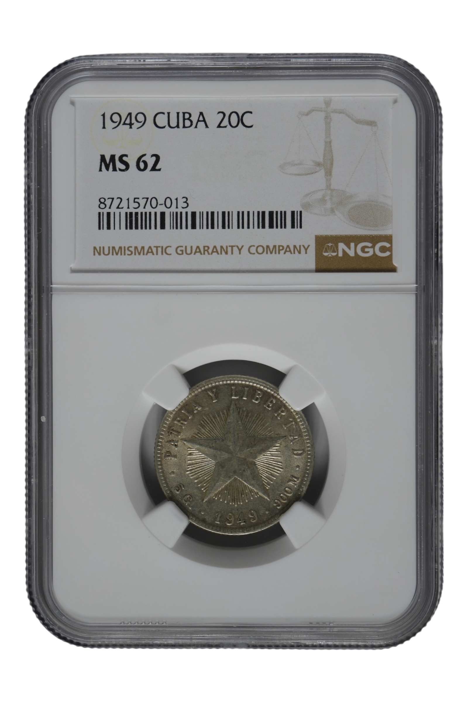 1949 0.1449 oz Silver Cuba 20 Centavos NGC MS-62