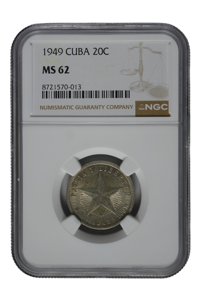 1949 0.1449 oz Silver Cuba 20 Centavos NGC MS-62