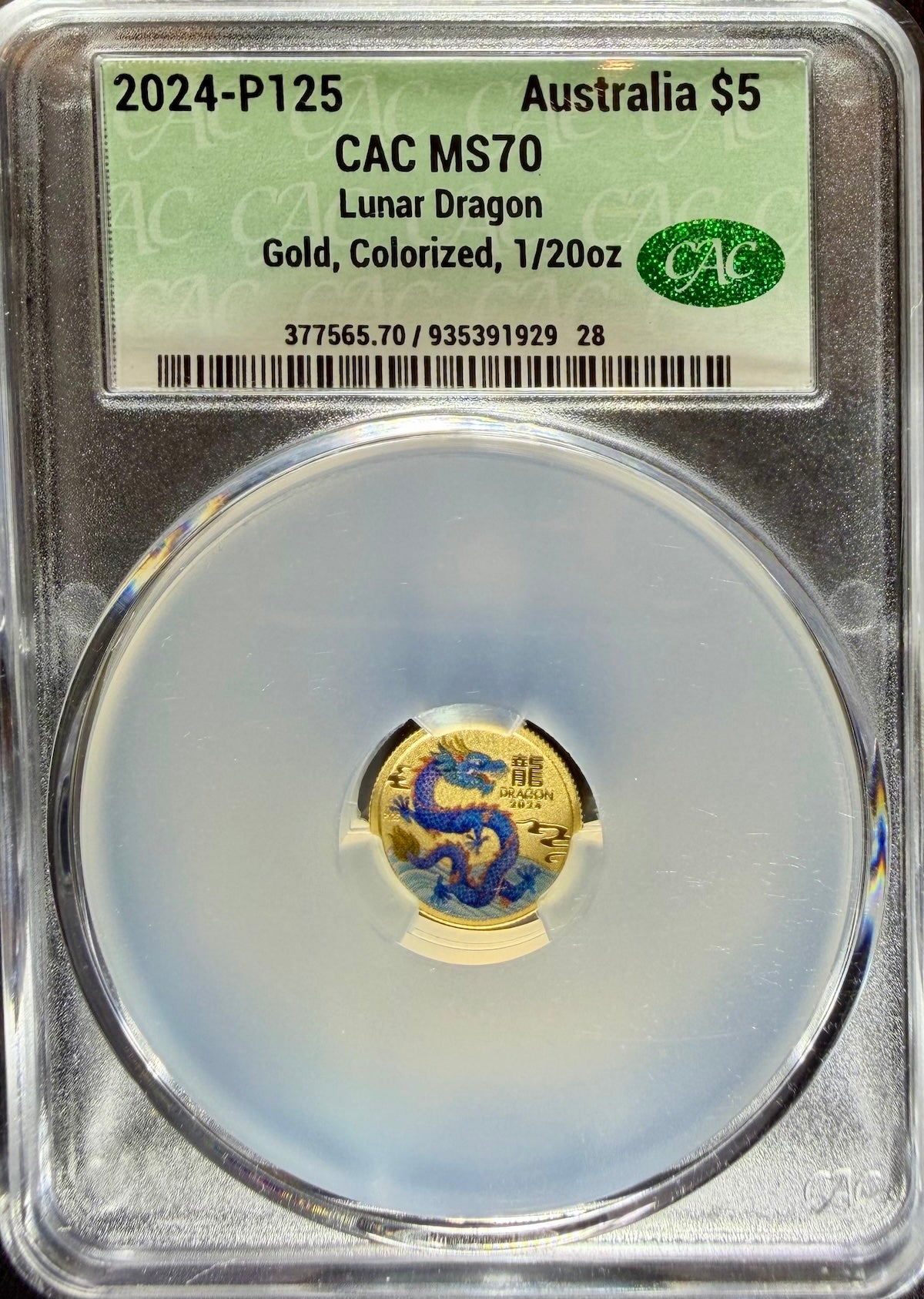 2024-P125 1/20 oz Gold Australia Lunar Dragon CACG MS70 Colorized