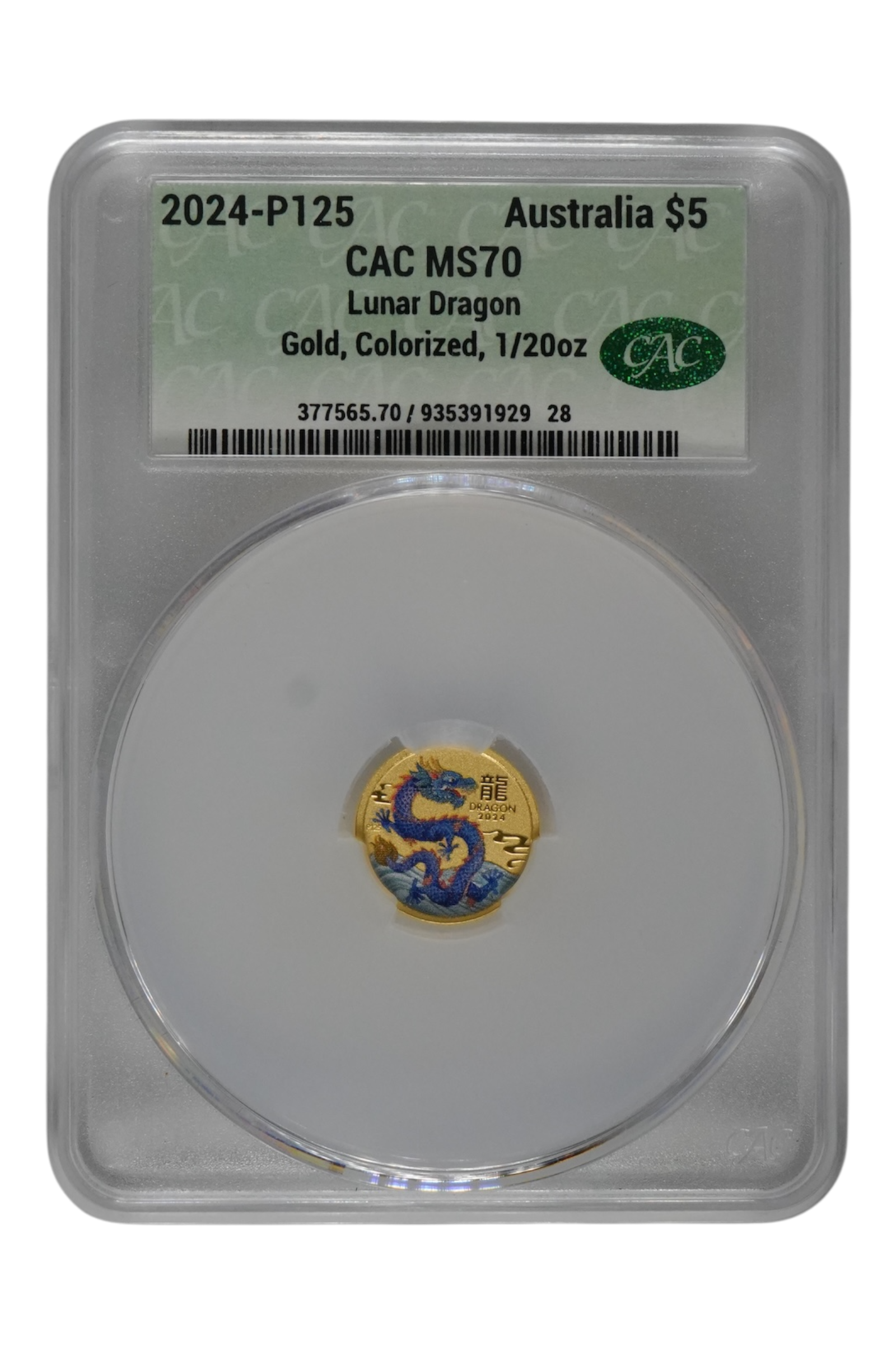 2024-P125 1/20 oz Gold Australia Lunar Dragon CACG MS70 Colorized