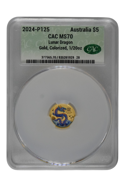 2024-P125 1/20 oz Gold Australia Lunar Dragon CACG MS70 Colorized