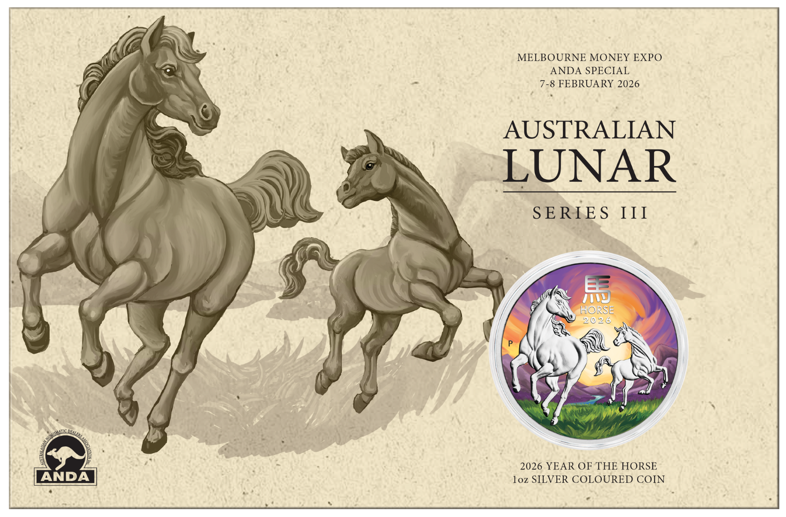 2026 Australia Lunar Year of the Horse Colored 1oz Silver $1 Coin in original ANDA MELBOURNE card.