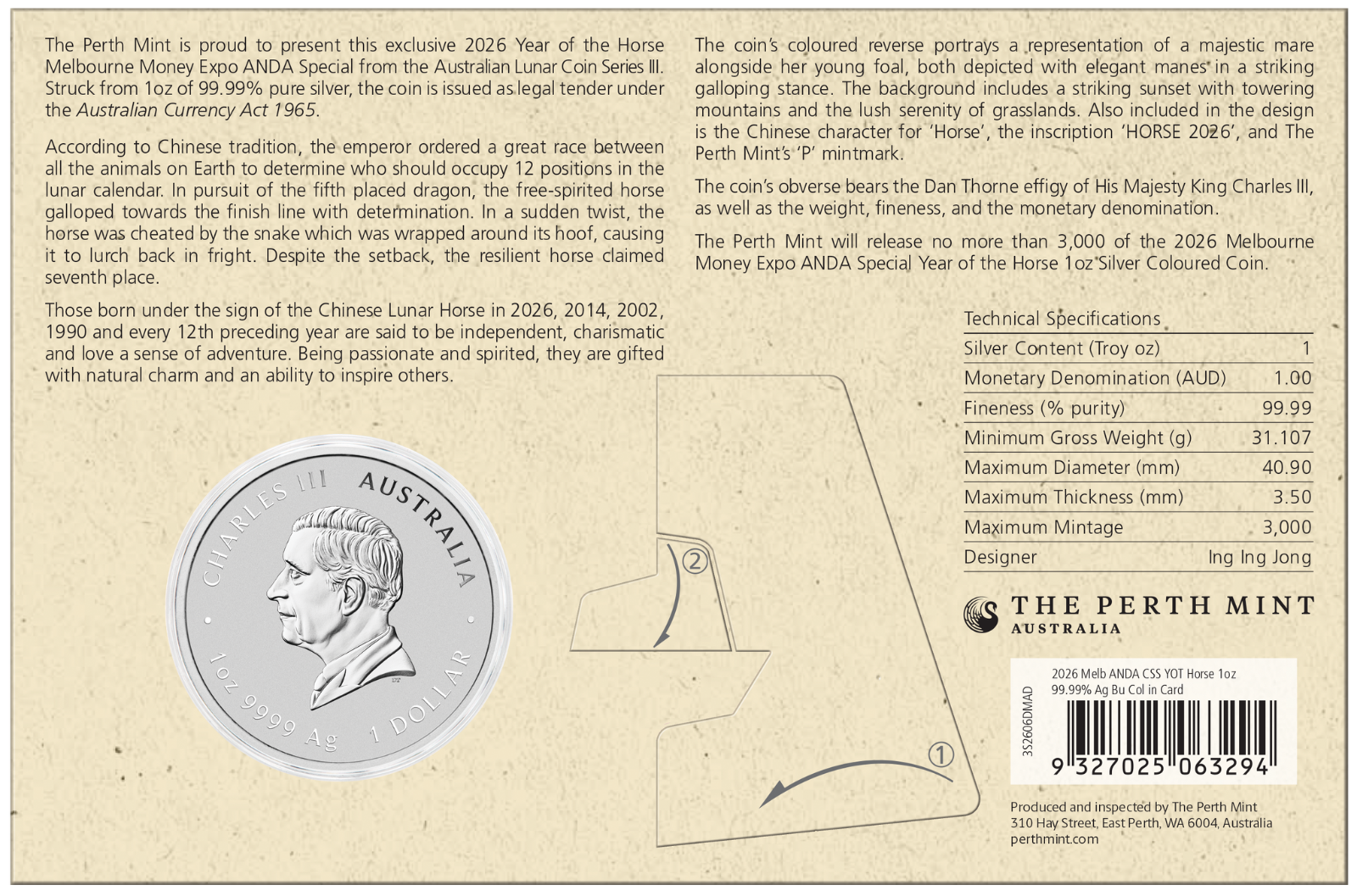 2026 Australia Lunar Year of the Horse Colored 1oz Silver $1 Coin in original ANDA MELBOURNE card.