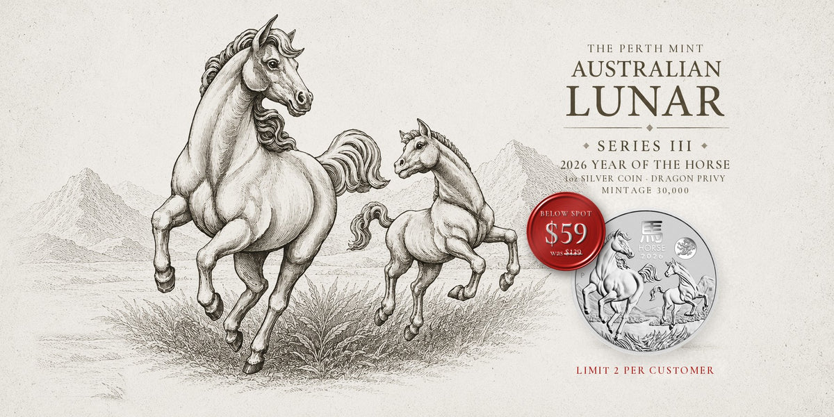 2026 1 oz Silver Australia Lunar Horse Dragon Privy BU - below spot $59, was $139, limit 2 per customer