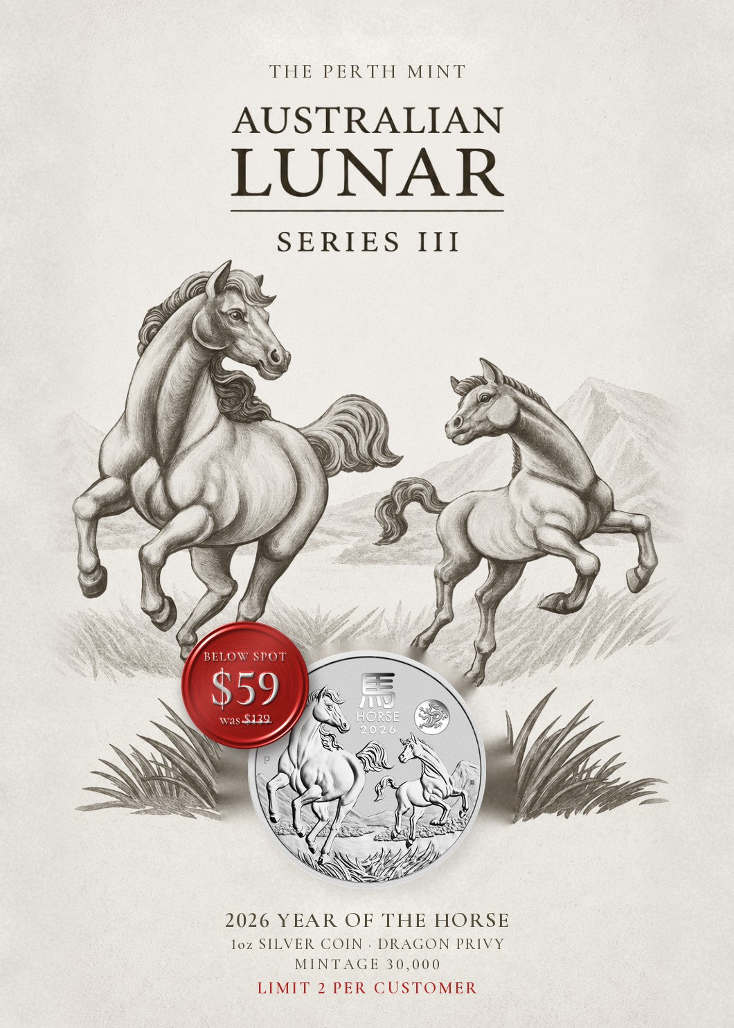 2026 1 oz Silver Australia Lunar Horse Dragon Privy BU - below spot $59, was $139, limit 2 per customer